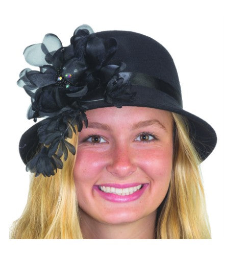 1920's Hat - Cloche - Black - Flowers - Deluxe Costume Accessory - Adult Teen