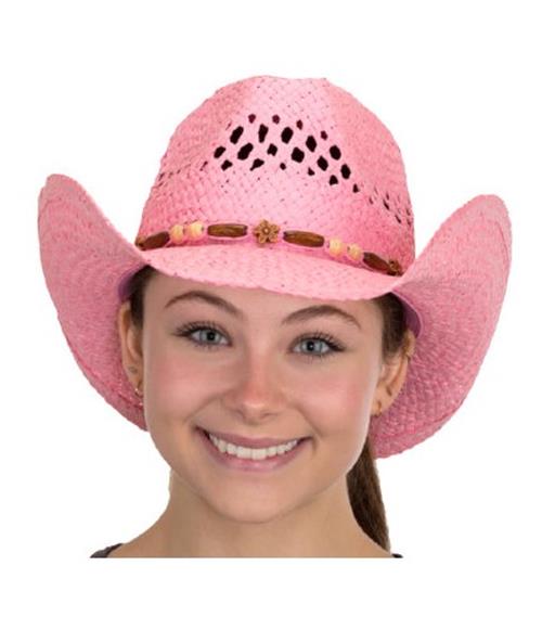 Cowgirl Toyo Straw Hat - Pink - Beaded Band - Barbie - Costume Accessory - Adult