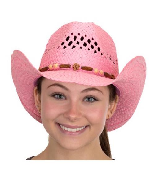 Cowgirl Straw Hat - Pink - Beaded Band - Barbie - Costume Accessory - Adult Teen