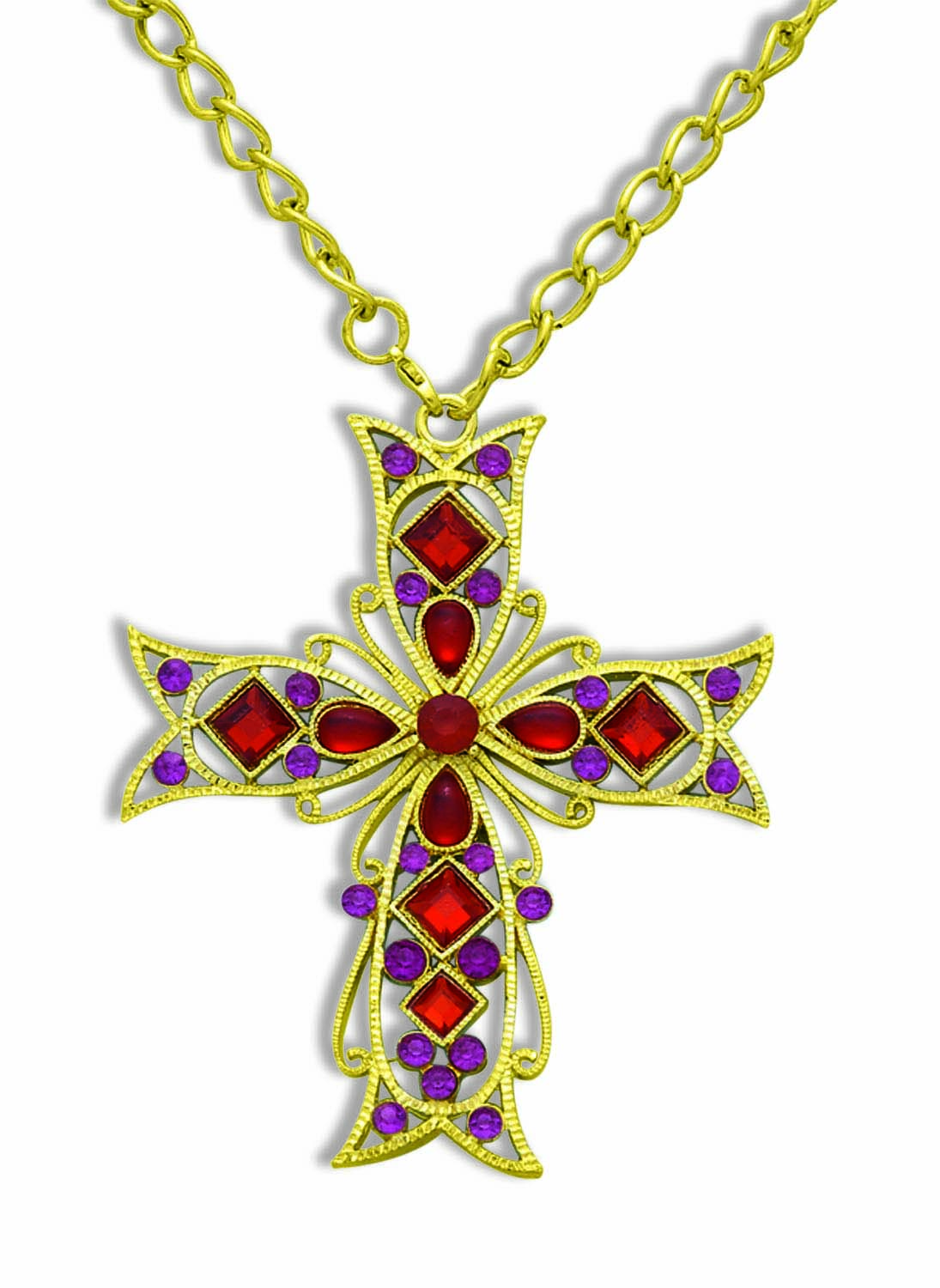 Gothic Cross Necklace - Gold/Purple/Red - Priest - Nun - Costume Accessory Prop