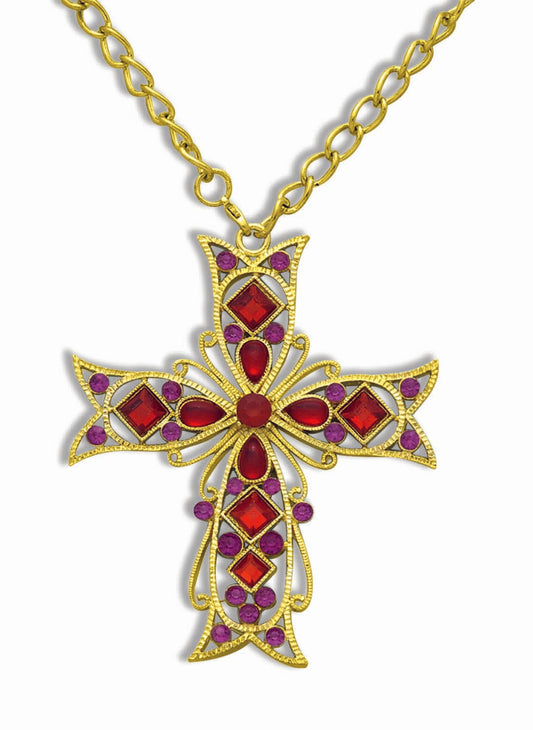 Gothic Kreuz Halskette - Gold/Lila/Rot - Priester - Nonne - Kostüm Accessoire Requisite