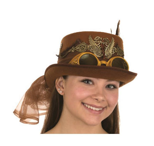 Steampunk Top Hat - Goggles - Wings - Brown - Costume Accessory - Adult