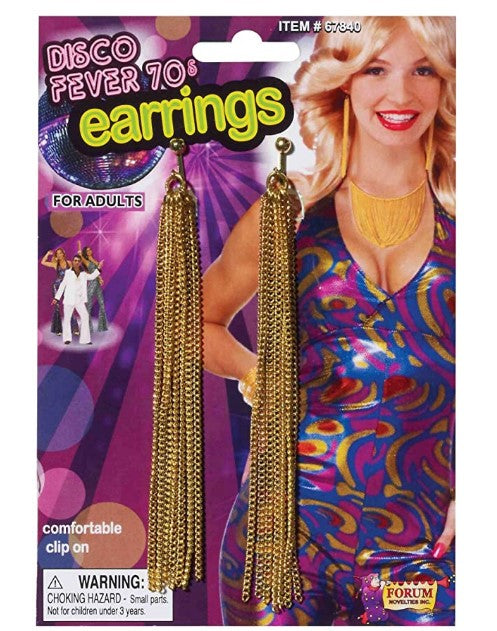 Disco Fever Chain Earrings - Gold - 70's - Clip-On - Costume Accessories