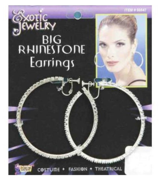 Big Hoop Rhinestone Earrings - Clip-On - Disco - 70's - Costume Accessories