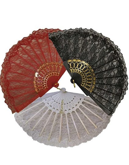 Folding Fan - Lace - Plastic - 9" - Costume Accessory Prop - 3 Colors