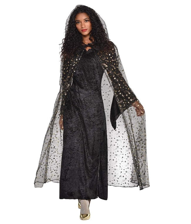 Celestial Hooded Cape - Black/Gold - Witch - Vamp - Costume - Adult Standard