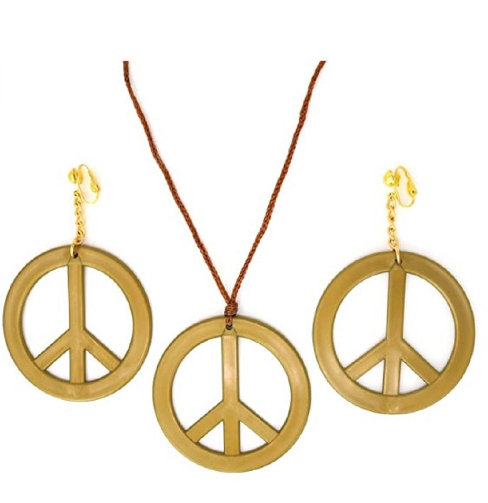 Hippie-Peace-Zeichen-Halsketten- und Ohrring-Set – 1960er – 1970er – Kostümzubehör