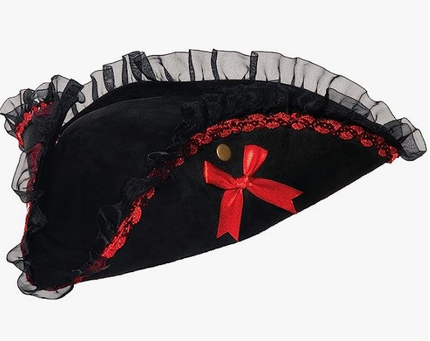 Pirate Tricorn Hat - Bows - Sequins - Black/Red - Costume Accessory - Adult Teen