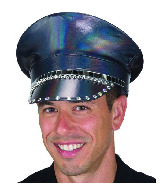 Disco Police Hat - Vinyl - Studs & Rhinestones - Costume Accessory - Adult