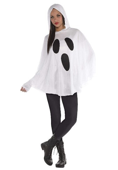 Hooded Ghost Poncho - Lightweight - White/Black - Costume Accessory - Adult