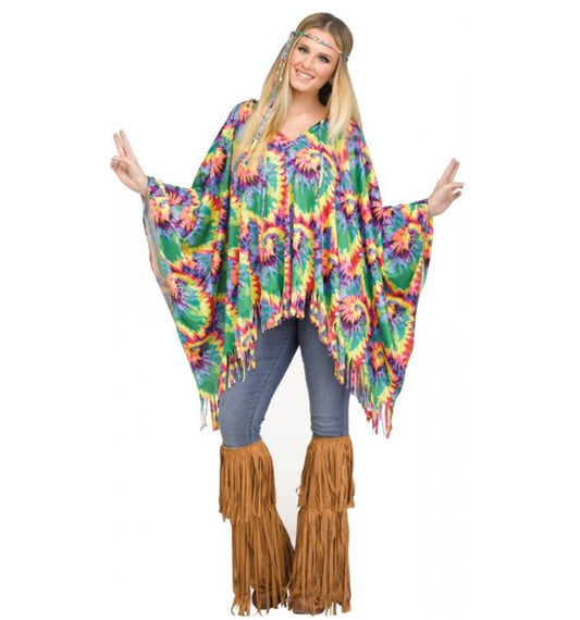 Hippie Tie Dye Poncho & Faux Suede Boot Covers Set - Costume - Adult One Size