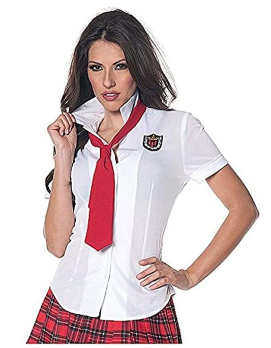 School Girl Shirt - White - Patch - Tie- Costume - Women - Medium