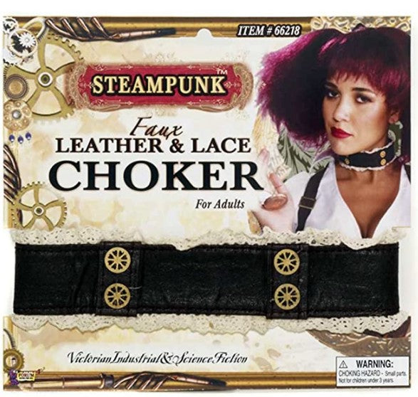 Lace & Faux Leather Choker - Steampunk - Brown - Costume Accessory