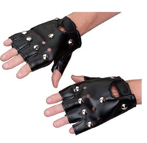 Studded Fingerless Gloves - 80s - Black Vinyl - Costume Accessory - Teen Adult