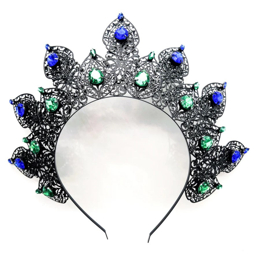 Tiara Black - Metal Flower - Blue Green Stones - Costume Accessory - Teen Adult