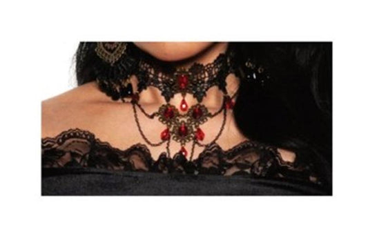 Vampire Choker - Black Lace - Red Gems - Costume Accessory - Teen Adult