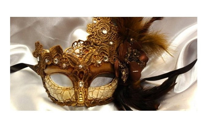 Antique Look Eye Mask - Gold - Feathers Lace - Costume Accessory- Adult Teen