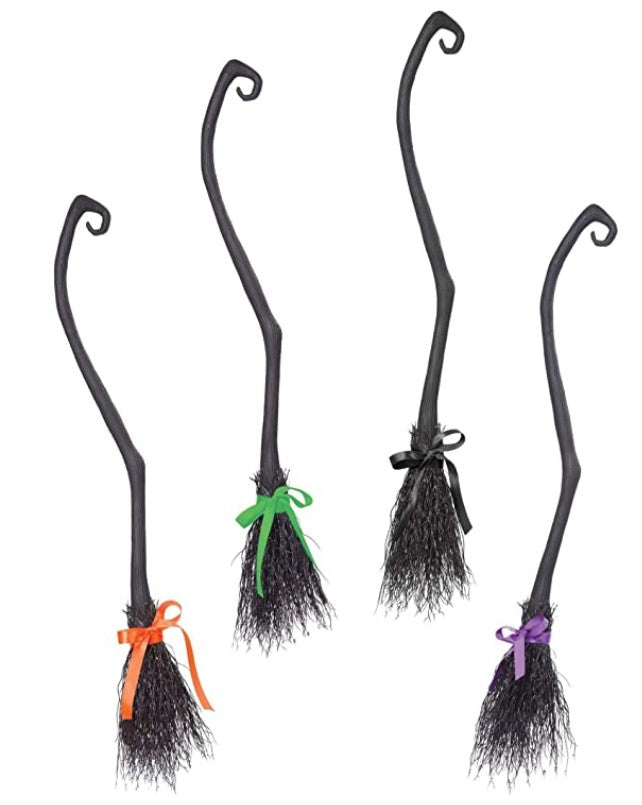 Witch Broom - Black - 4 Colored Ribbons - Collapsible - Costume Accessory
