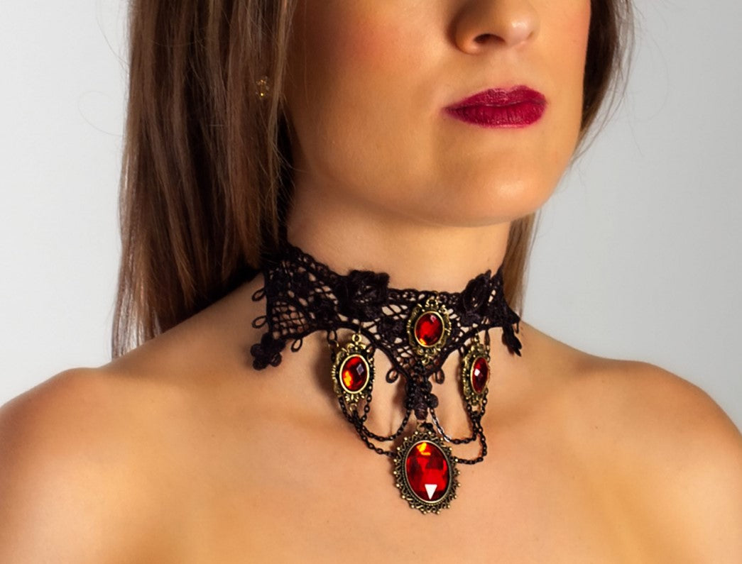 Gothic Choker - Black/Antique Gold - Red Gems - Costume Accessory - Teen Adult
