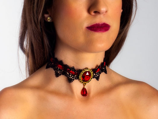 Gothic Choker - Black/Gold - Red Gems & Ribbon - Costume Accessory - Teen Adult