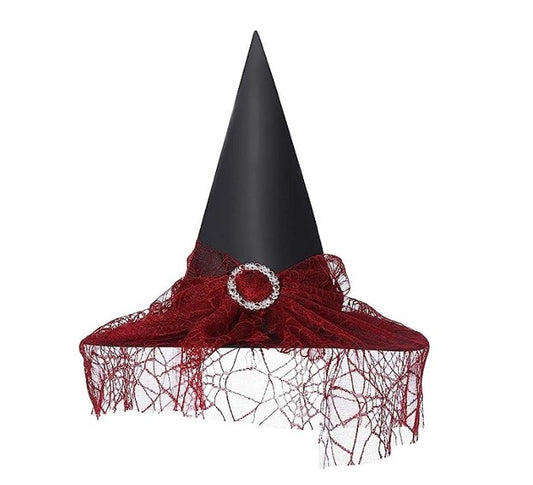 Sombrero de Bruja - Negro/Rojo - Encaje de Telaraña - Accesorio de Traje - Adolescente Adulto