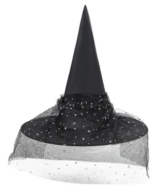 Witch Hat - Black/Silver - Moon/Stars Lace - Costume Accessory - Adult Teen