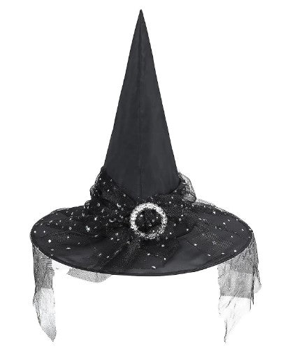 Sombrero de Bruja - Negro/Plata - Luna/Estrellas Encaje - Accesorio de Traje - Adulto Adolescente