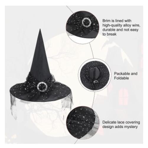 Witch Hat - Black/Silver - Moon/Stars Lace - Costume Accessory - Adult Teen