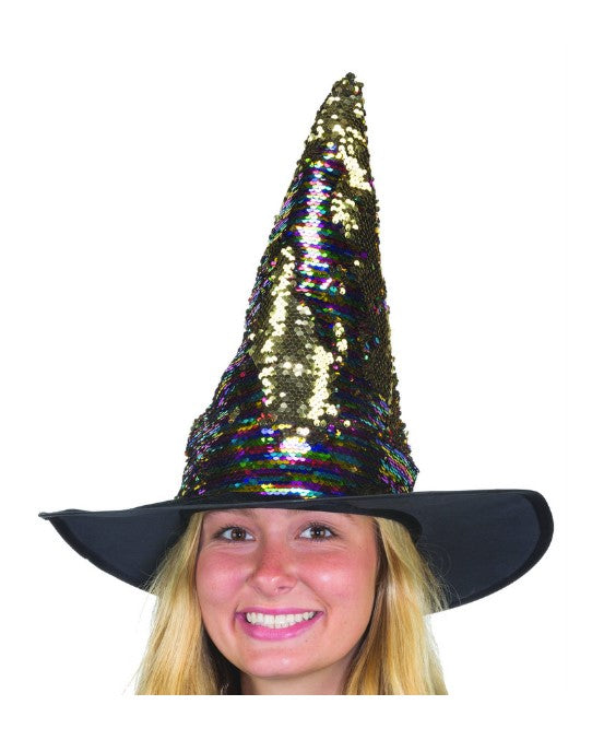 Flip Sequin Witch Hat - Black/Rainbow/Gold - Costume Accessory - Teen Adult